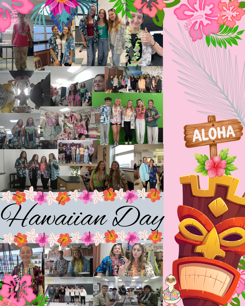 A visual for Monday's Hawaiian Day spirit theme which includes a collage of student pictures and selfies