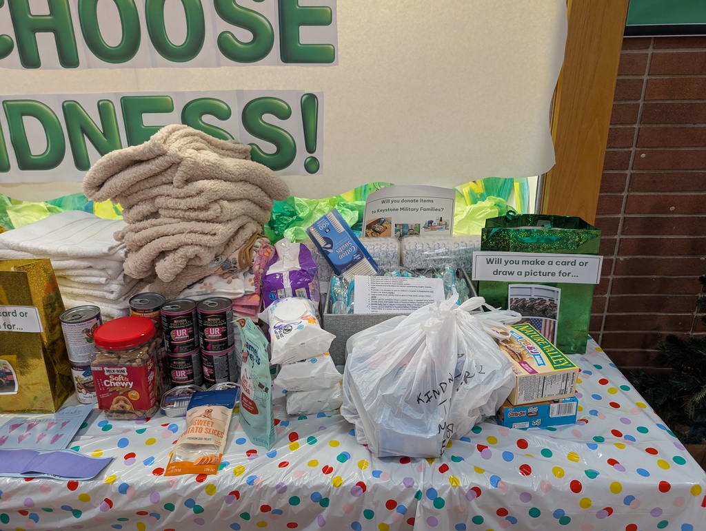 A photograph of student donations including towels, wipes, and canned goods.