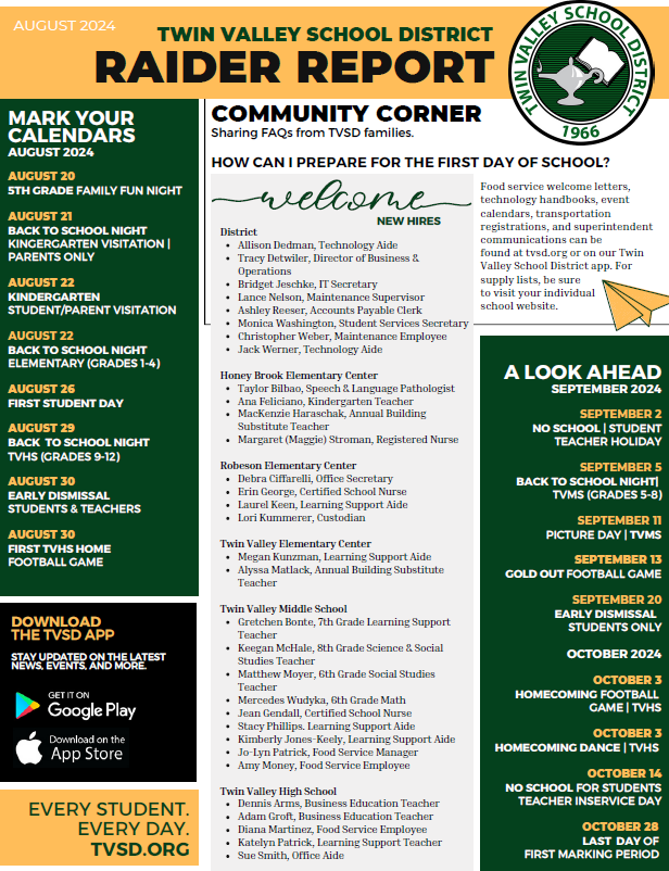 August 2024 Raider Report. View document at #MotivationMonday: Are you ready for the new school year?! As we await the first day of school on August 26, get a head start with our August 2024 Raider Report. Find important dates, new faces, and useful information across the District at: https://5il.co/2u0qe