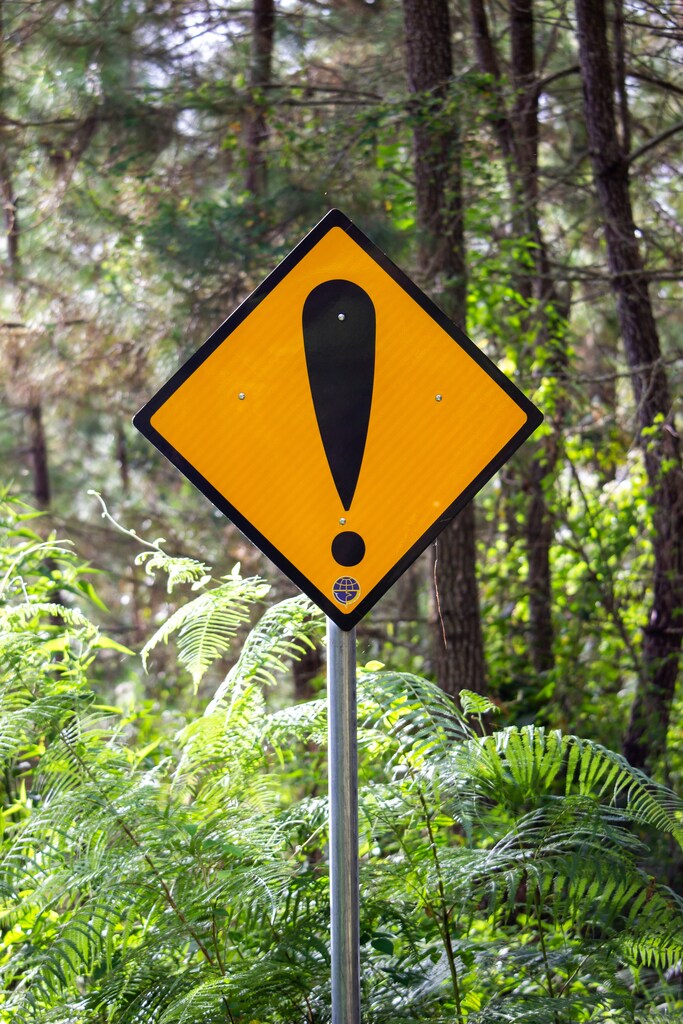 Yellow warning sign in middle of forest.
