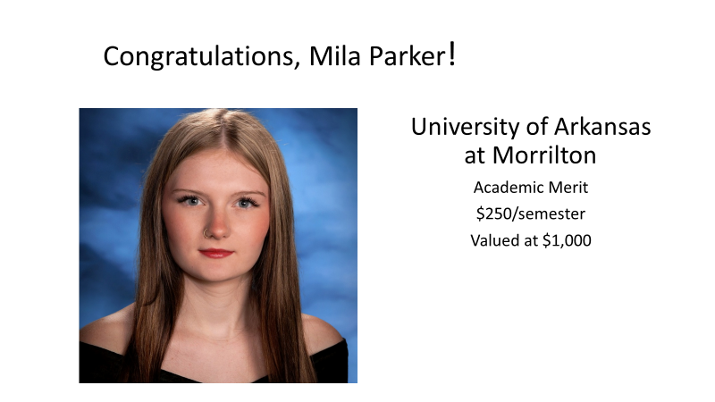 Mila Parker is being congratulated for an academic reward from the UofA at Morrilton, $250.00 per semester and a value of $1,000.00
