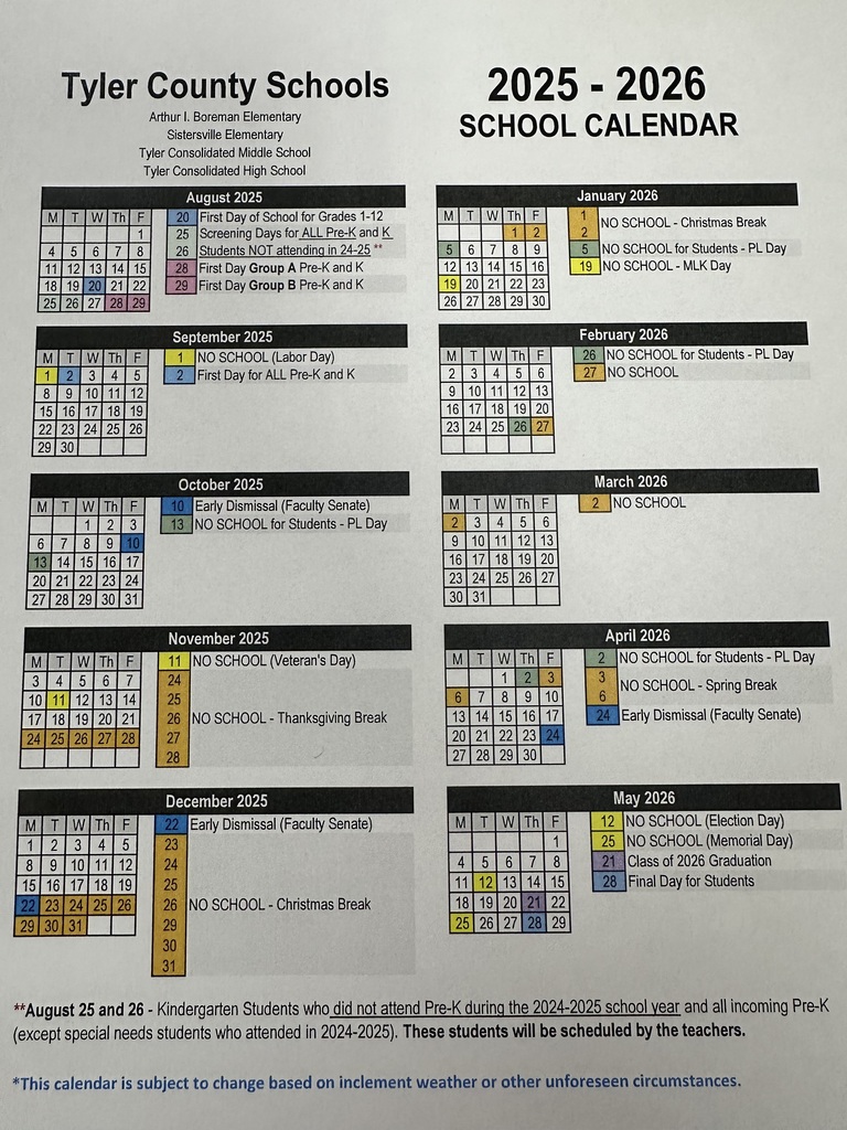 Tyler County Schools 225-2026 Calendar