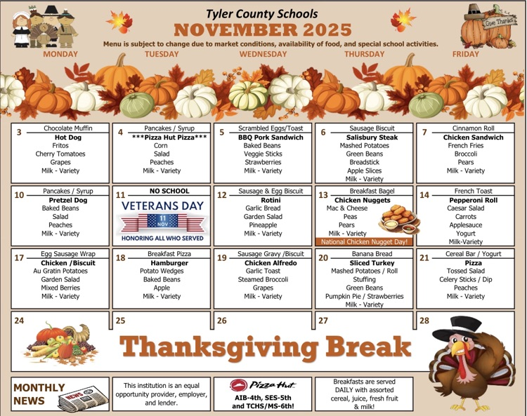 TCS November Breakfast and Lunch Menu