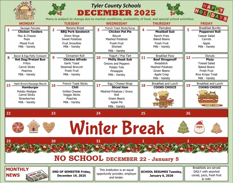 Tyler County Schools December Menu
