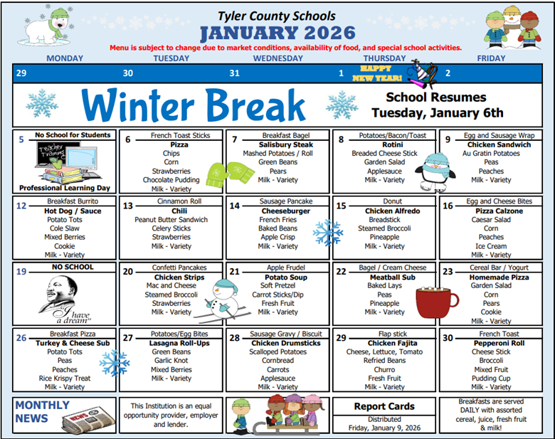 Tyler County Schools January 2026 Menu