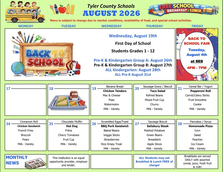 Tyler County Schools August 2026