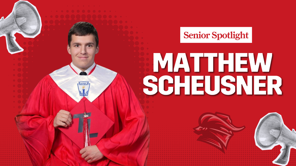 teen boy in red graduation gown. Senior Spotlight, Matthew Scheusner