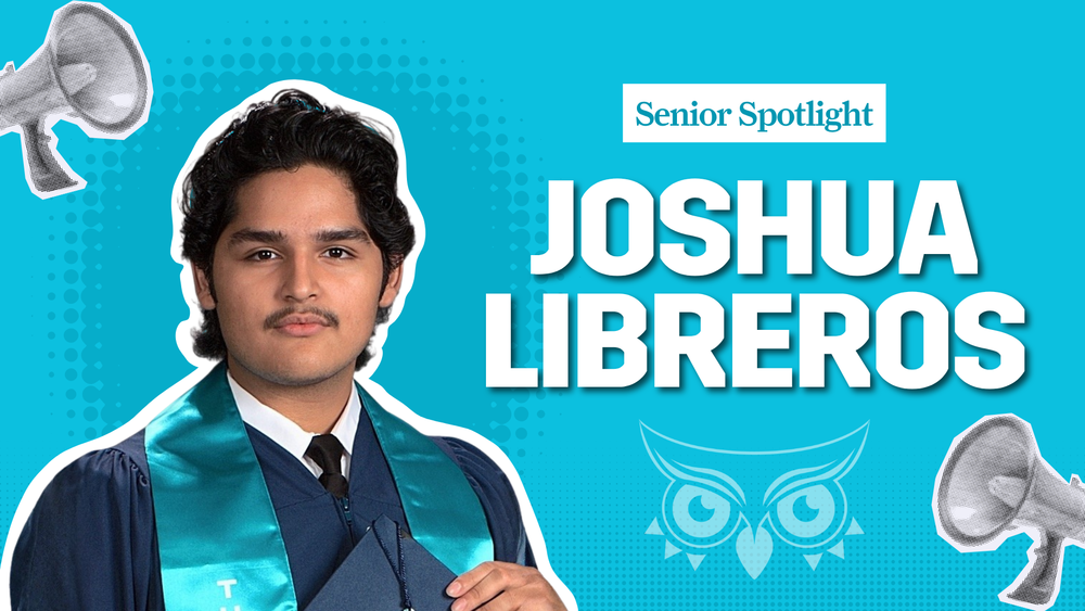 Senior Spotlight - Joshua Libreros. Teen boy in blue graduation gown with teal stole.