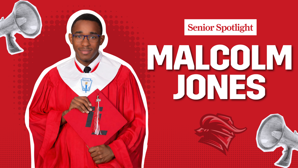 teen boy in red graduation gown with white stole/ Senior Spotlight, Malcom Jones