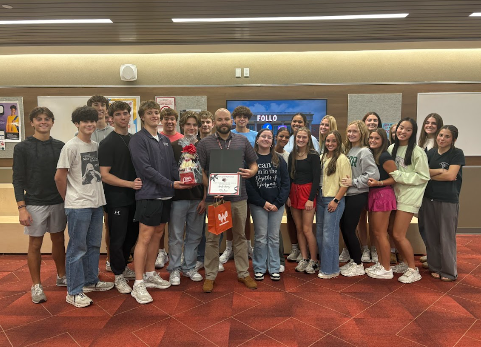 Tyler Legacy's Staff of the month for NOvember, Mr. Hancock with his class