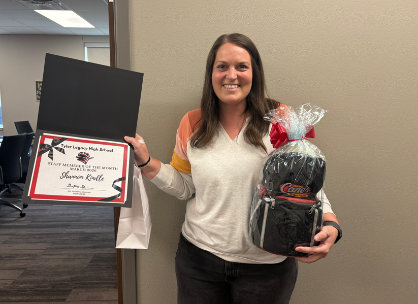 Tyler Legacy's Staff of the Month, Mrs. Shannon Kindle with her certificate