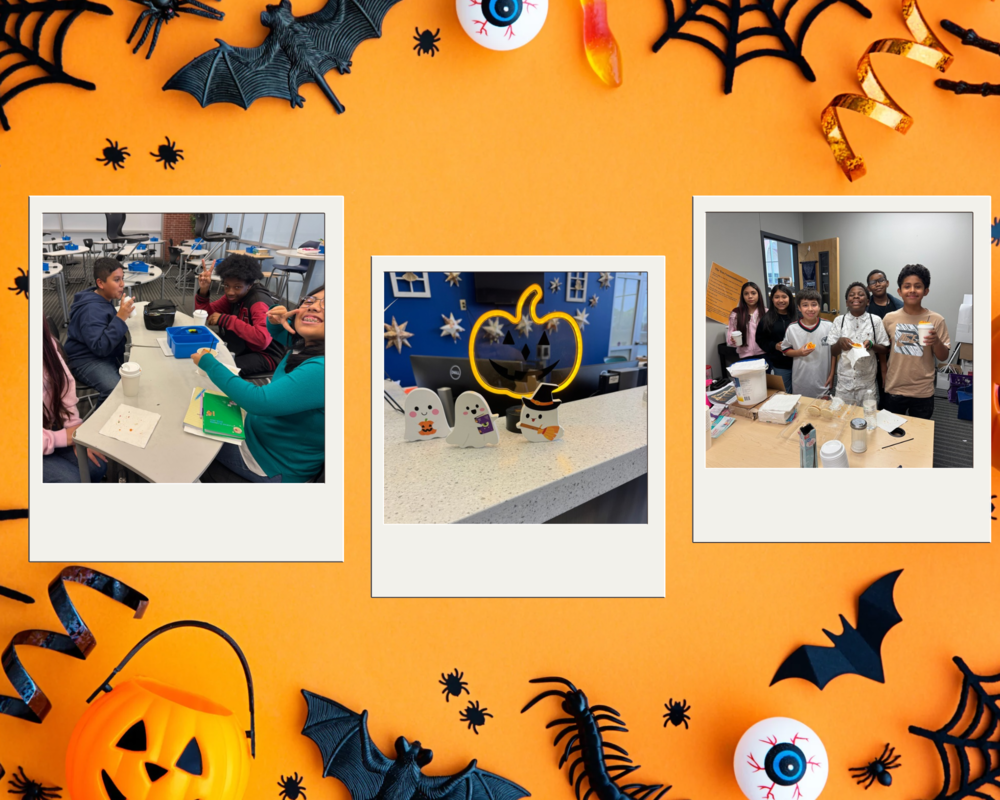 Halloween photo collage featuring students enjoying treats and activities alongside festive decorations, including ghosts, pumpkins, bats, and spiderwebs in a school setting.