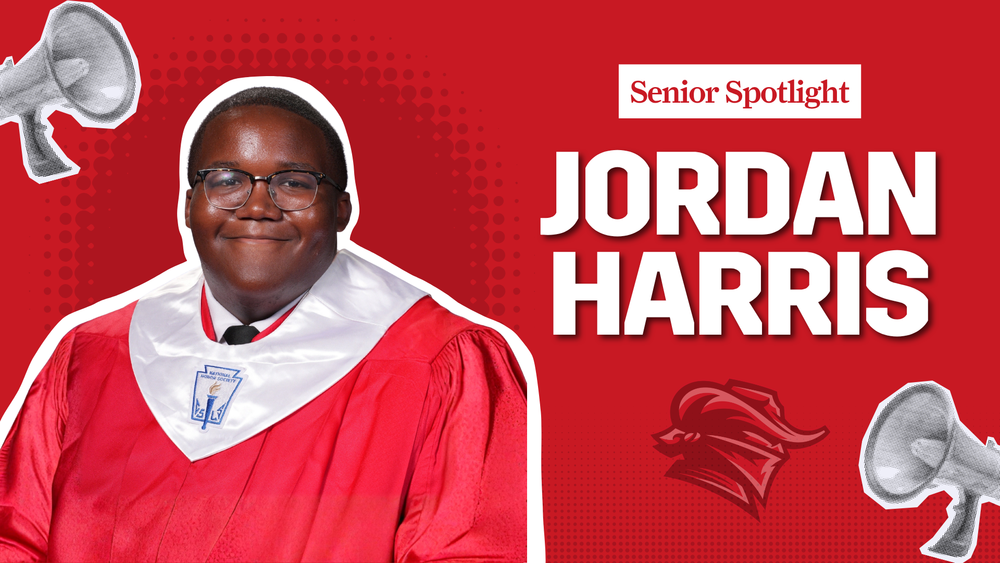 Senior Spotlight - Jordan Harris. Teen boy in red graduation gown with white stole