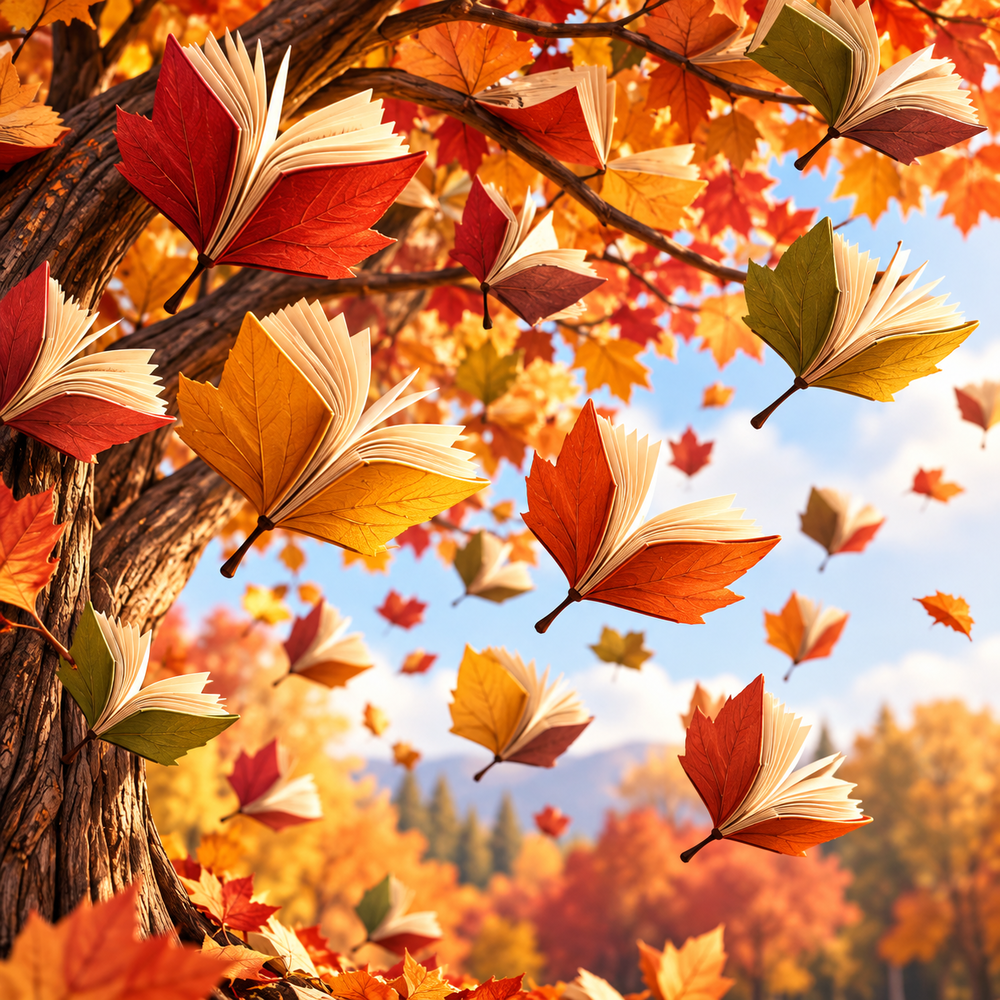 A whimsical autumn scene featuring colorful red, orange, gold, and green book-shaped leaves falling from a tree, celebrating the magic of fall and reading.