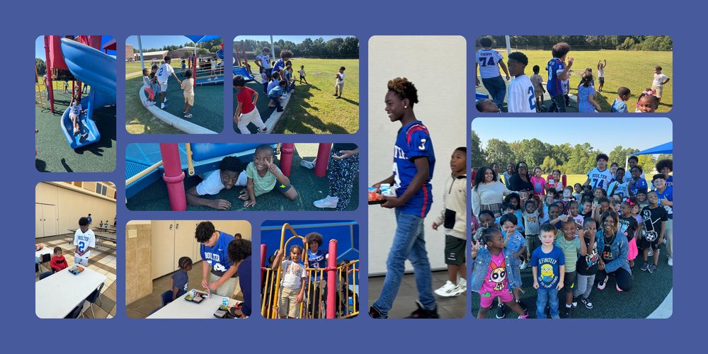 Football players enjoying lunch and recess with the Jones elementary kindergarten class 