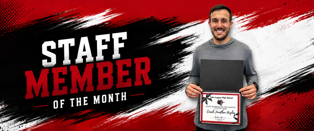 staff member of the month is coach jonathan hughes holding his award