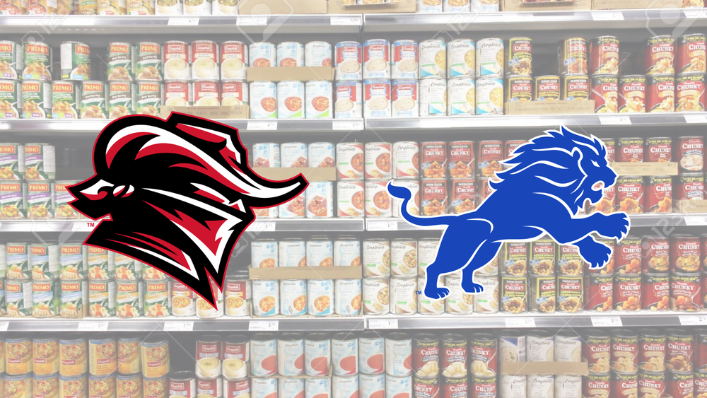 Red Raider logo and Lion logo overlayed on an image of canned foods on shelves