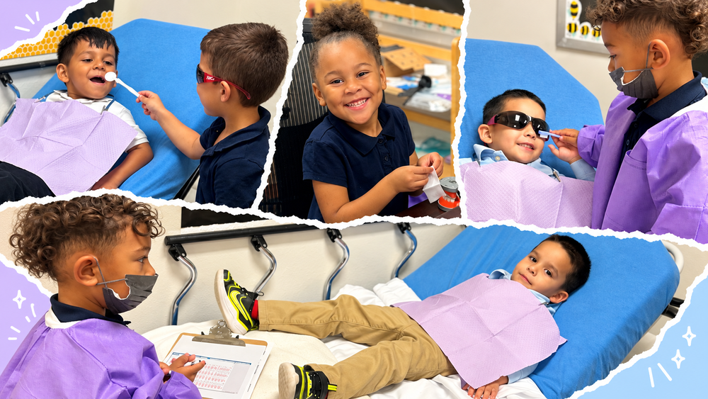 Collage of Bonner Elementary students exploring dental care through pretend play in the Oral Language Lab. Children take turns as patients and dental professionals, using a dental chair, protective glasses, masks, dental tools, and a model of teeth.