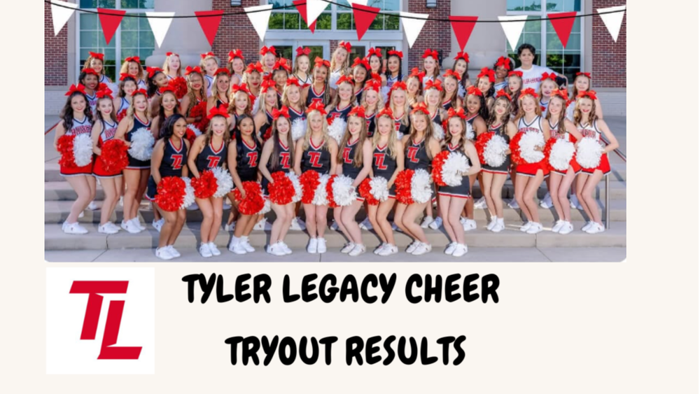 Tyler Legacy Cheer squad in front of Tyler Leagcy 