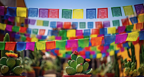 Colorful papel picado banners hang above potted prickly pear cacti with bright flowers, creating a festive Hispanic cultural scene.