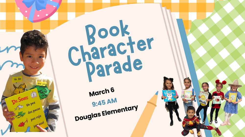 Book Character Parade March 6 9:45 AM at Douglas Elementary image of students with their books dressed as characters