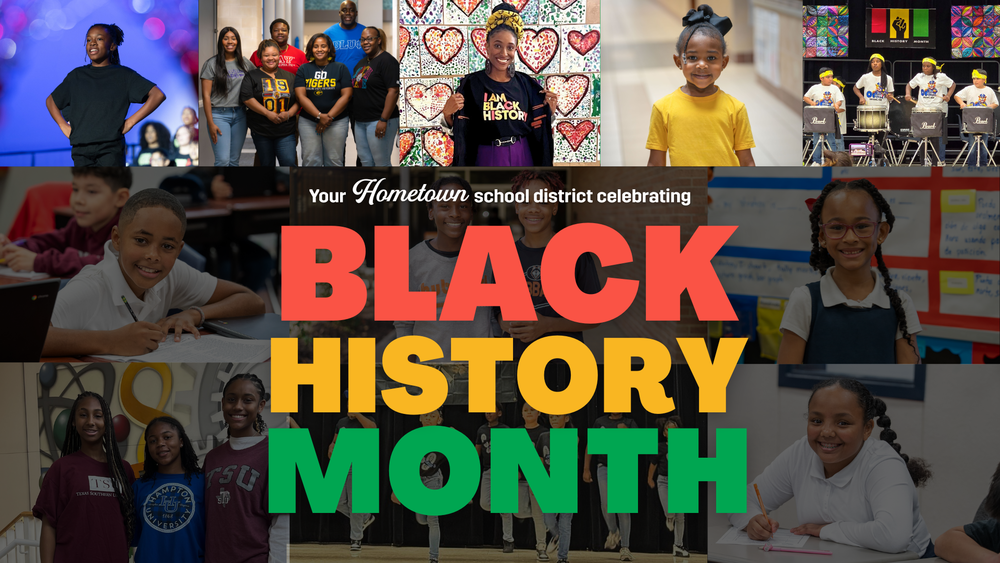 montage pf photos with African American teachers, students, and staff. Your Hometown school district celebrating Black History Month.