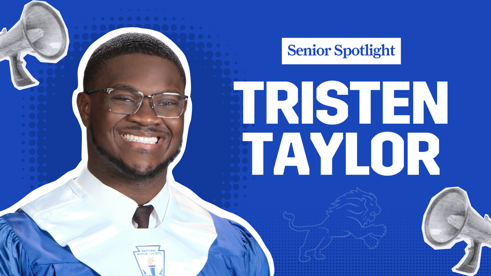 teen boy in blue graduation gown. Senior Spotlight, Tristen Taylor