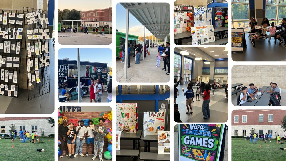 Photo collage showcasing a school Hispanic Heritage Month celebration. Images include student artwork displayed on panels, cultural country project boards, families and students gathering outdoors near food trucks, a coloring station, students participating in games and activities inside and outside the school, a group posing in front of a festive photo backdrop, and signs for “Viva Boulter Games.” The collage highlights cultural learning, community engagement, food, art, and interactive activities throughout the event.