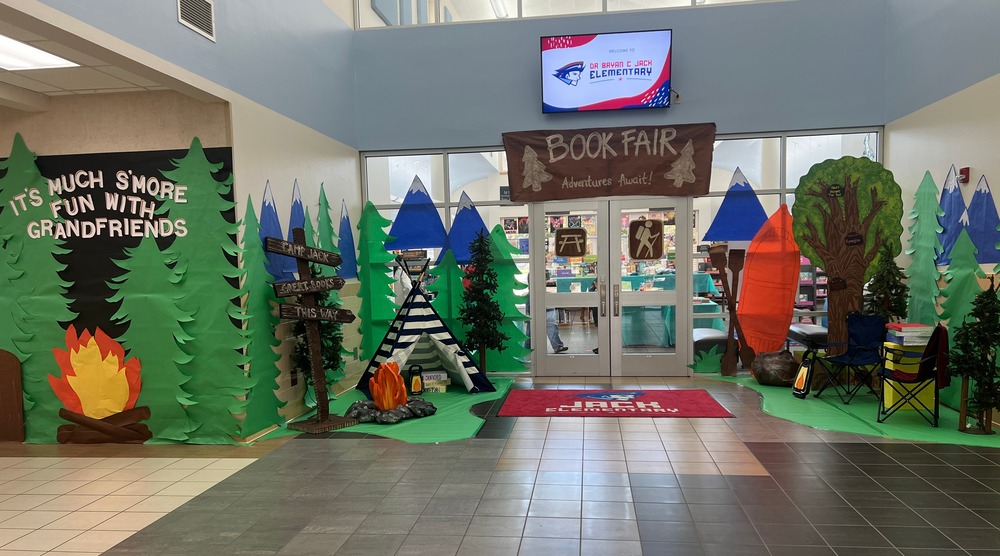 The exterior of the library with all of the book fair decorations.