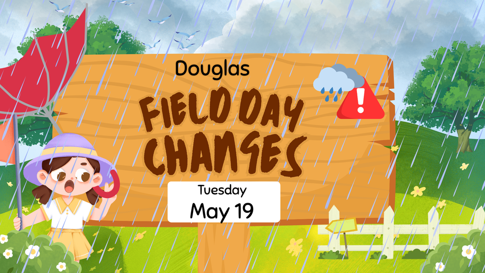Douglas Field Day Changes Tuesday May 19 kid in field with rainy storm weather