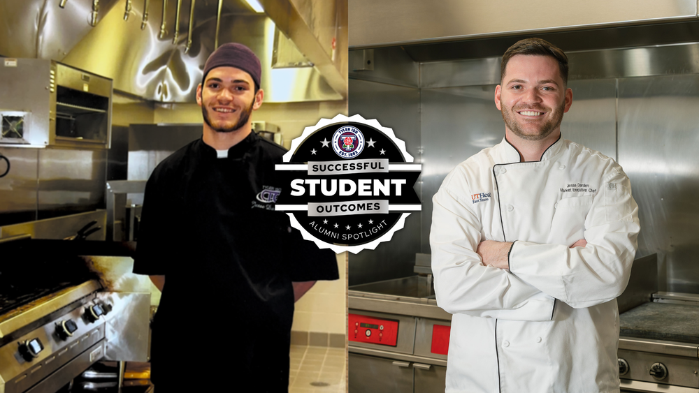 two images of man in chef outfits standing in a kitchen. Tyler ISD Successful Student Outcomes Alumni Spotlight