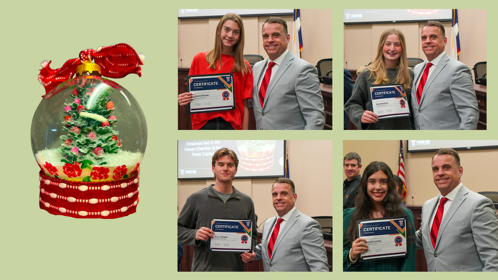 snow globe and four individual pictures of a teen boy or girl standing next to a man in a suit