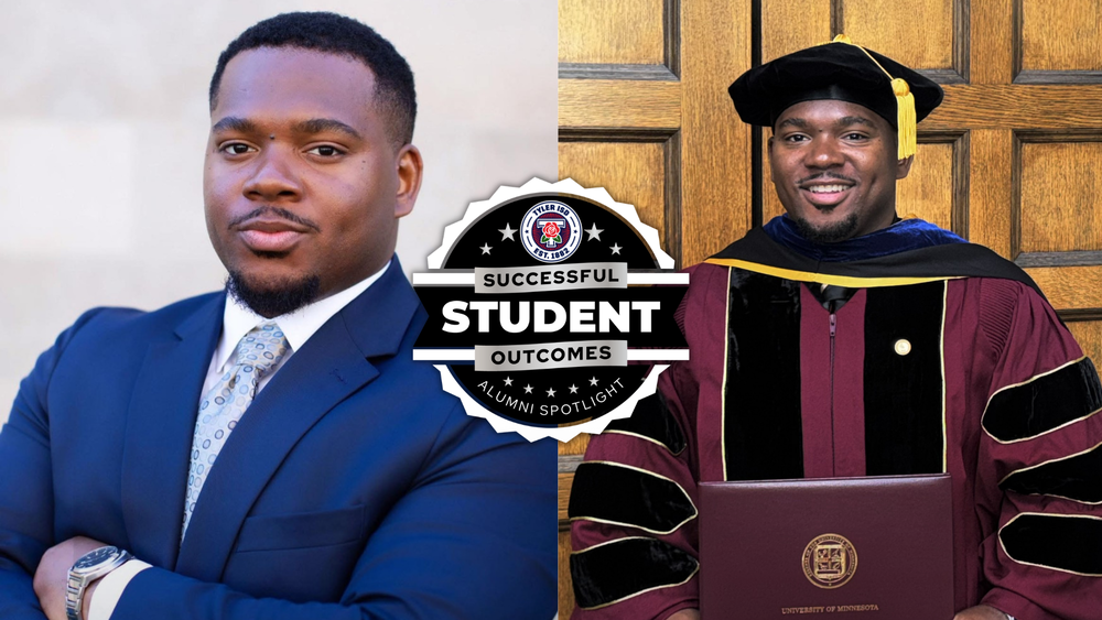 two images of an African American man. One wearing a blue suit and tie and one wearing full cap and gown for his doctorate degree.