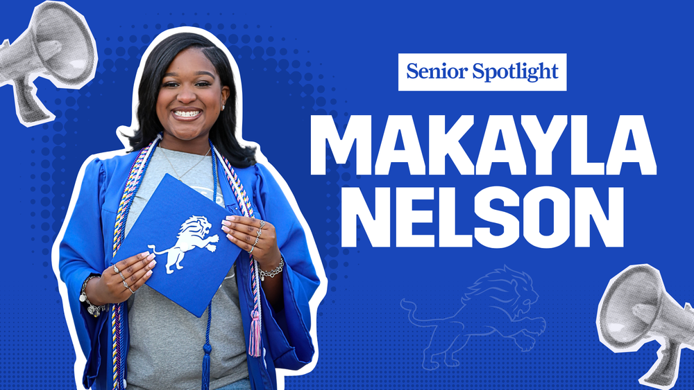 Senior Spotlight - Makayla Nelson. Teen girl wearing blue graduation gown and holding blue graduation cap