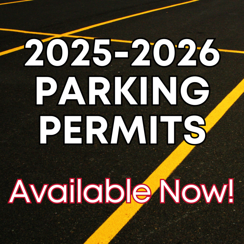 2025-2026 Parking Permits Available Now with parking lot background. Visit https://www.tylerisd.org/o/legacy/page/student-id-badges-parking-permits
