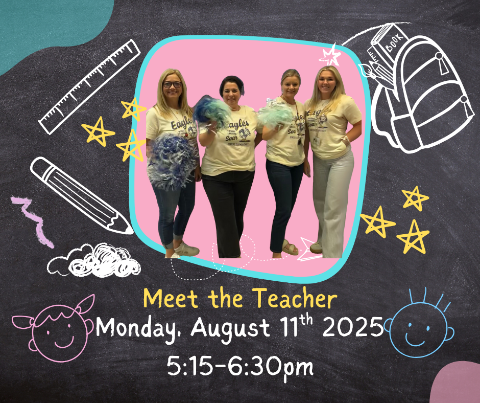 Meet the teacher, 4 teachers waving pompoms. Meet the Teacher Monday, August 11th 2025 from 5:15-6:30pm