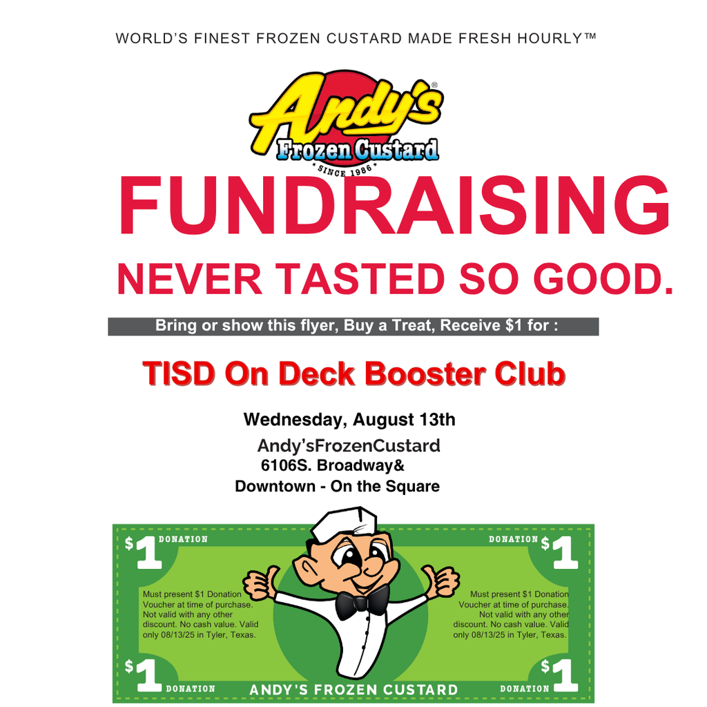 Enjoy a sweet treat after the first day of school and support Tyler Legacy swim! Go to either Andy's location in Tyler on Wednesday, August 13 and show this flyer! $1 of your sale will go back to our swim team!