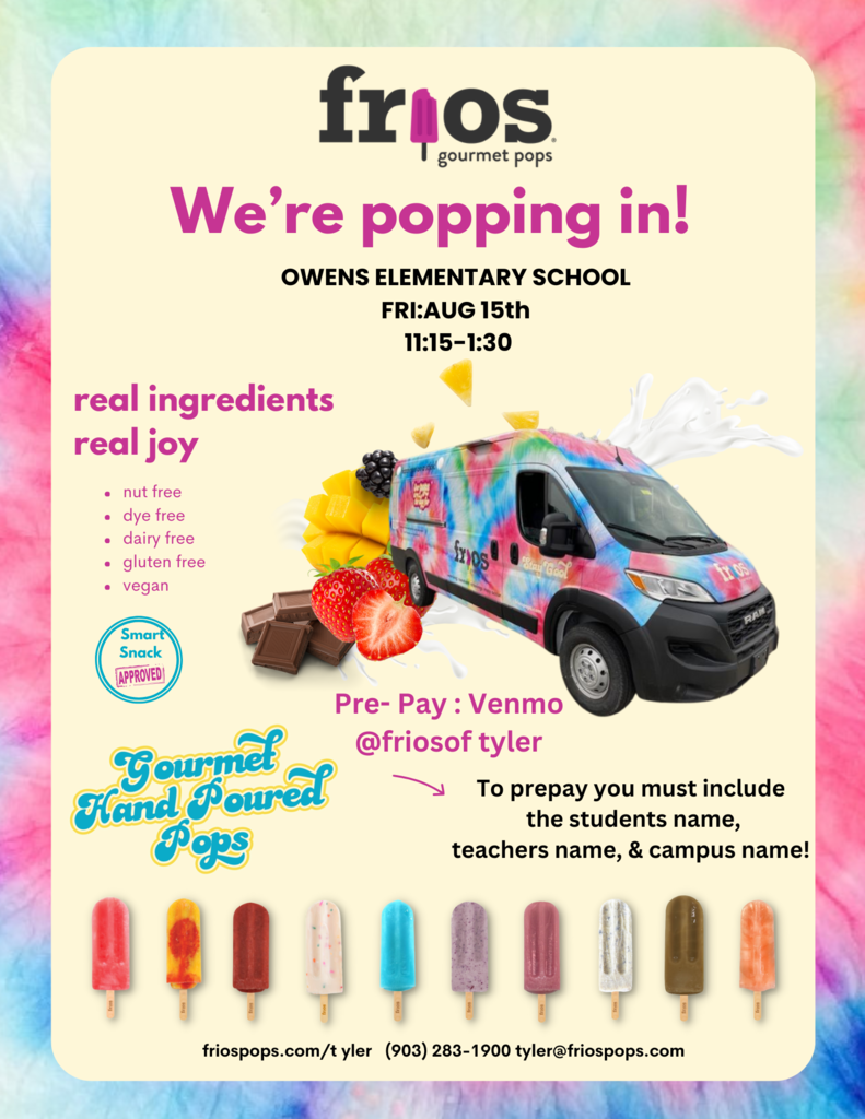 Frios Pops Pop up. Coming August 15, 11:15-1:30  Venmo @friosoftyler $4.50