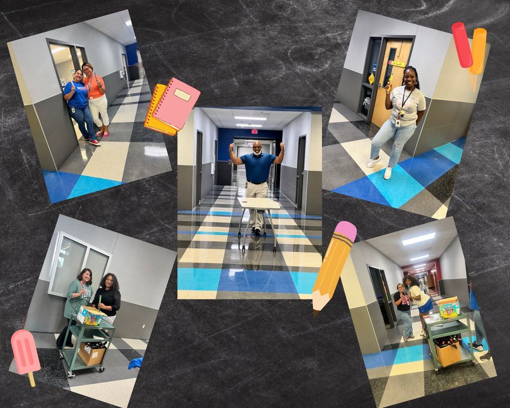 Pictures of Boulter Middle School teachers posing with popiscles as they are getting ready for the first dy of school.