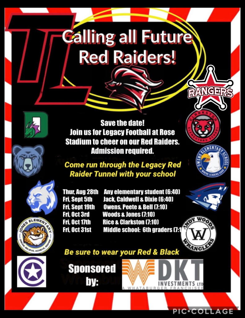 Future Red Raiders are invited to lead the team onto the field at 7:10pm on October 17th at Rose Stadium.