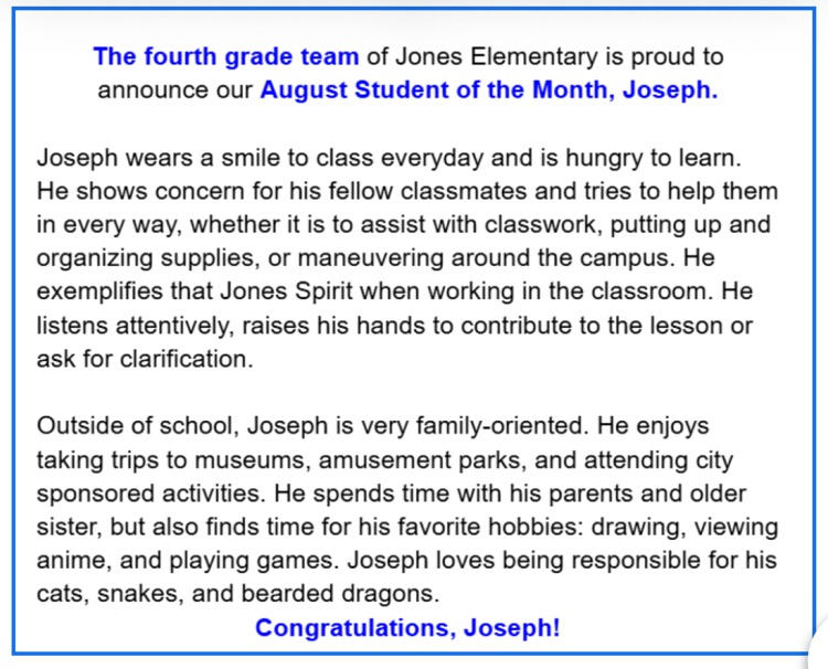 🌟 Congratulations to our Fourth Grade Student of the Month! 🌟 He shows up each day ready to learn, loves visiting museums, and enjoys helping organize in the classroom. At home, he takes great care of his mini pets too! 🐾💙