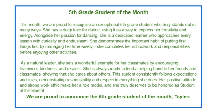 🎉 Congratulations to our 5th Grade Student of the Month! 🎉 💛She loves dancing and shines as an encourager in the classroom. With her teamwork, kindness, and respect for others, she is a true Jaguar leader! 🐾💙