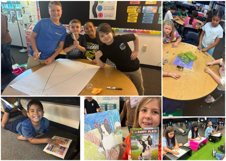 children working together in groups on class work and puzzles. Pictures of children reading and also showing off their artwork!