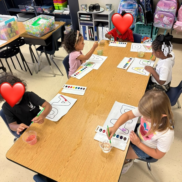 Pre-K students, watercolor, painting the letter a