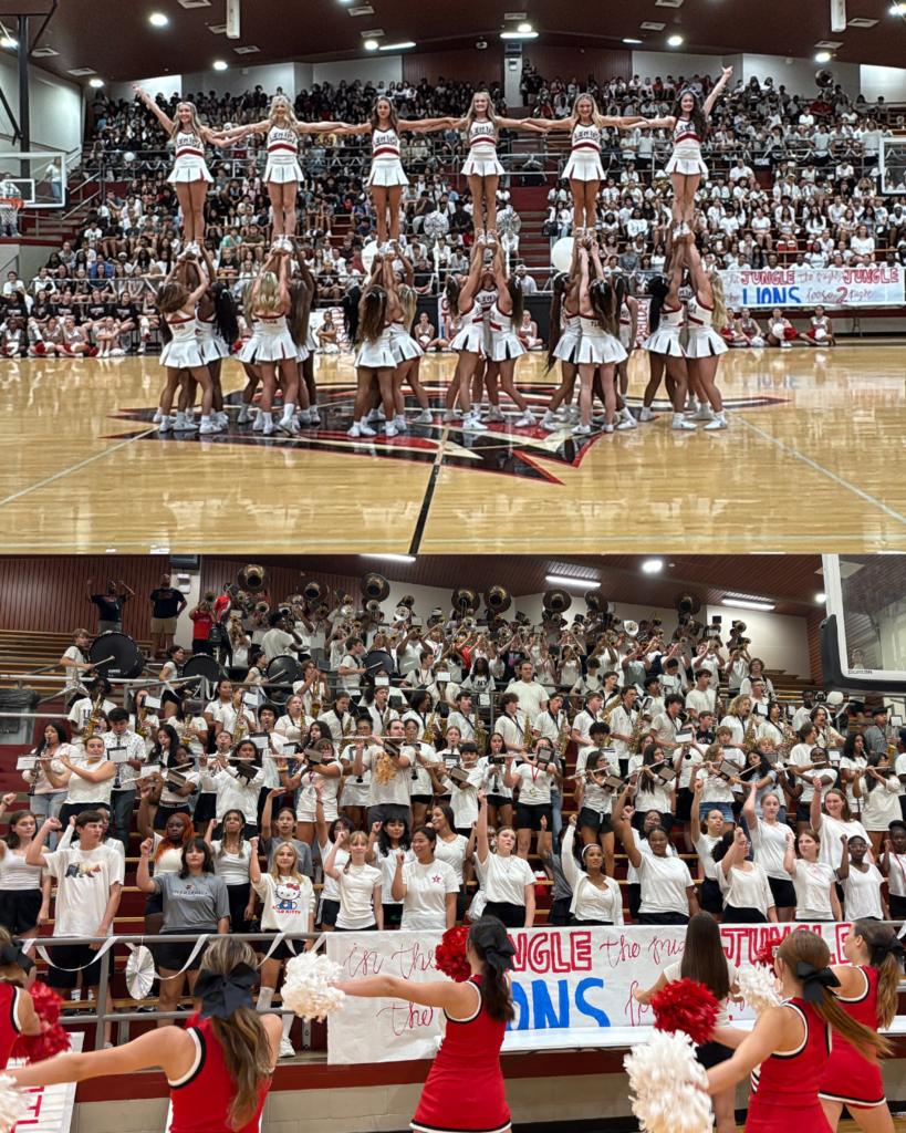 Tyler Legacy high school pep rally featuring cheerleaders, drill team, and band