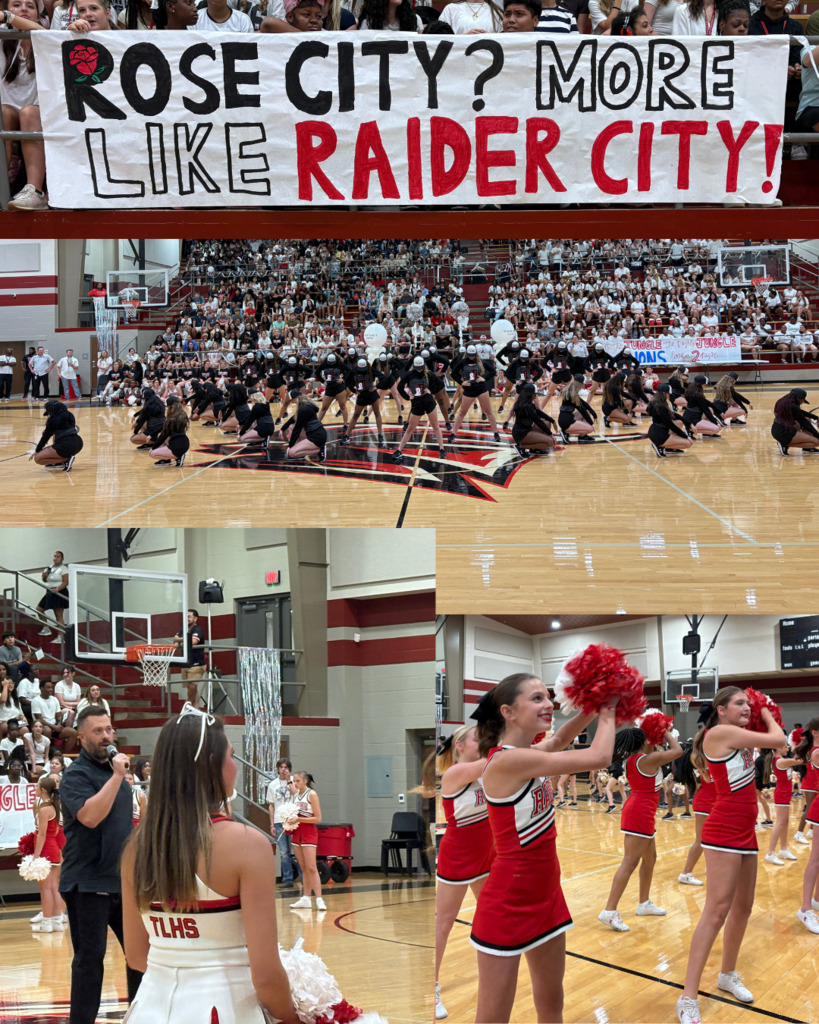 Tyler Legacy high school pep rally featuring cheerleaders, drill team, and band