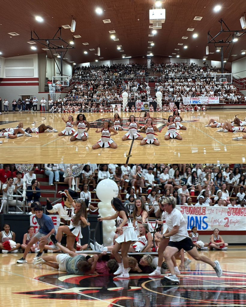 Tyler Legacy high school pep rally featuring cheerleaders, drill team, and band