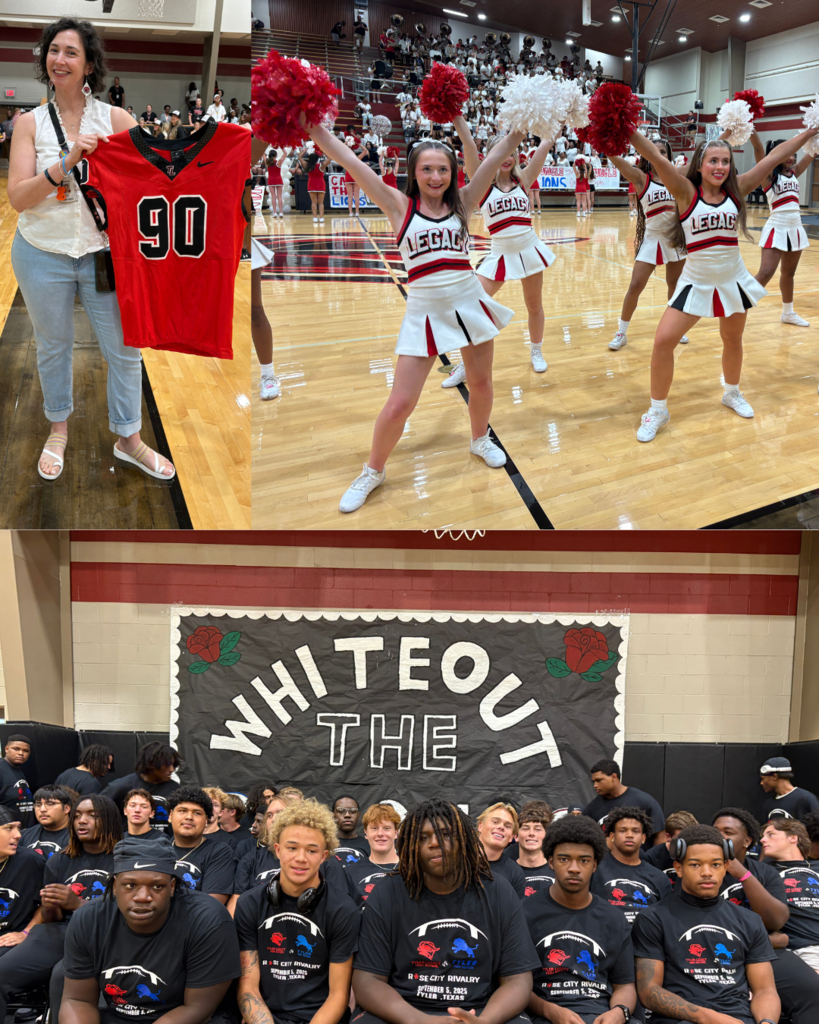 Tyler Legacy high school pep rally featuring cheerleaders, drill team, and band