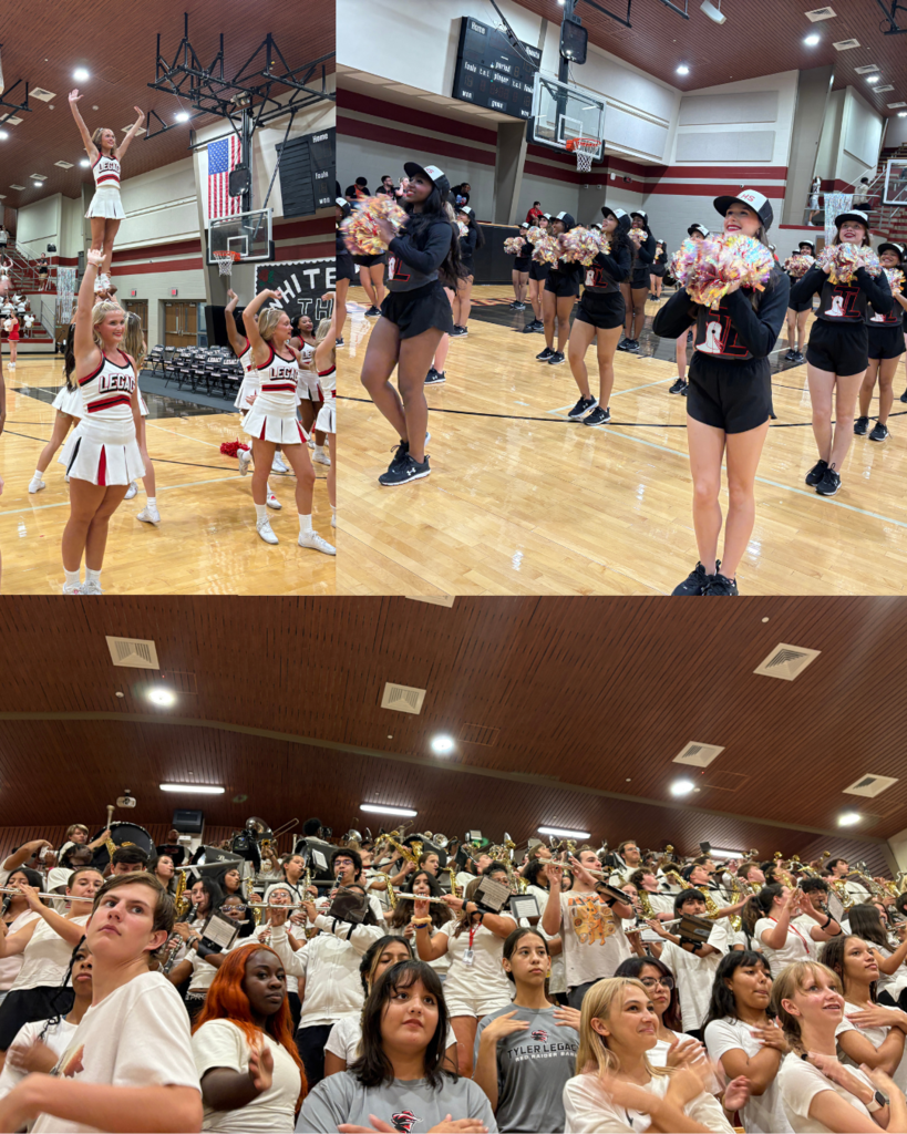 Tyler Legacy high school pep rally featuring cheerleaders, drill team, and band