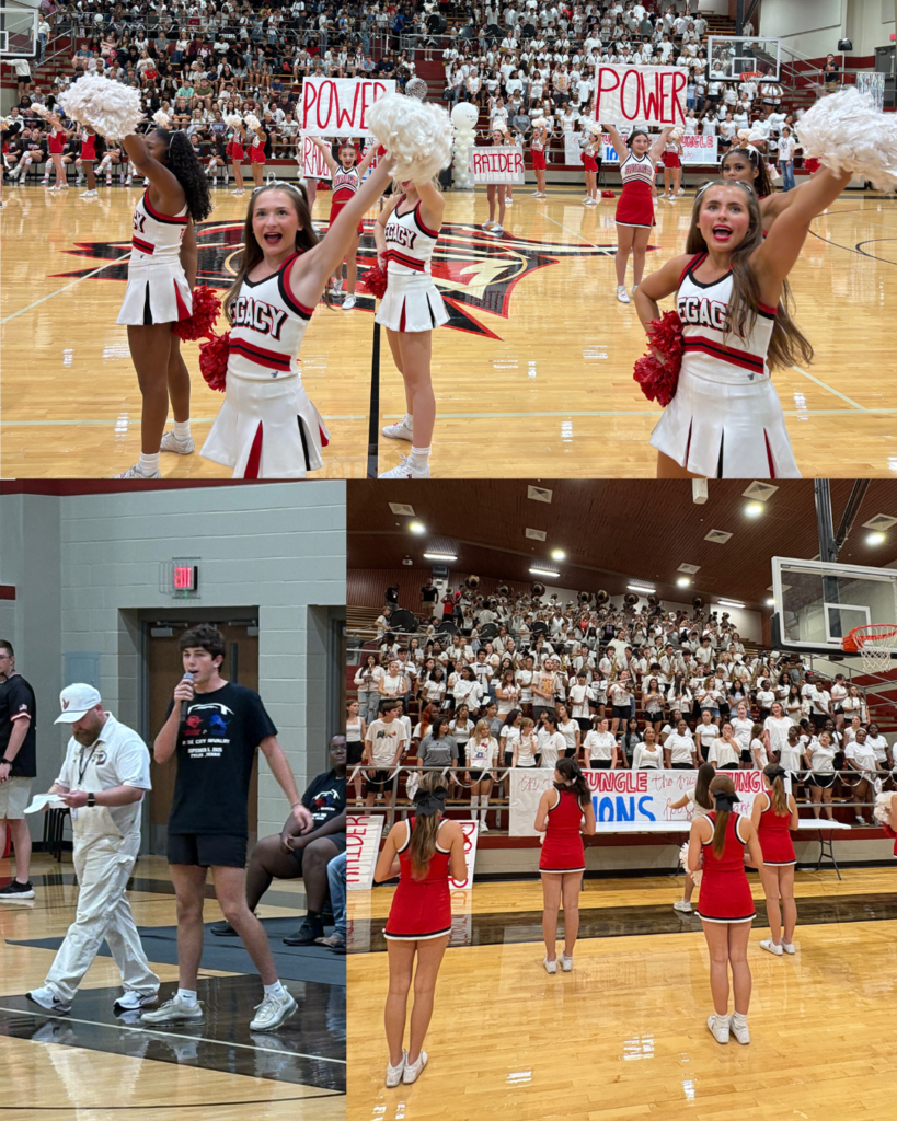 Tyler Legacy high school pep rally featuring cheerleaders, drill team, and band